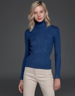 Blue ribbed turtle knit sweater