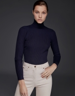 Navy blue ribbed turtle knit sweater