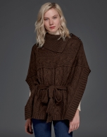 Brown, button down, knit poncho with stovepipe collar