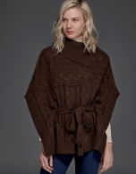 Brown, button down, knit poncho with stovepipe collar