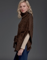 Brown, button down, knit poncho with stovepipe collar