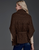 Brown, button down, knit poncho with stovepipe collar