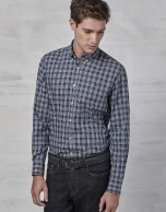 Navy blue / green / white checked sport shirt