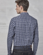 Navy blue / green / white checked sport shirt