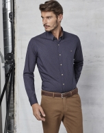 Navy blue shirt with brown paisley