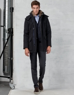 Navy blue parka with hood and fur