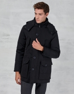 Navy blue parka with hood and fur