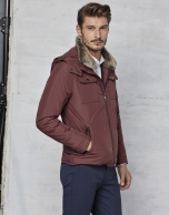 Maroon windbreaker with hood and fur collar