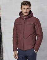 Maroon windbreaker with hood and fur collar