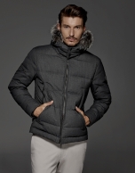 Grey windbreaker with hood and fur collar