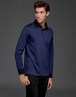 Blue short sleeved polo with navy blue design