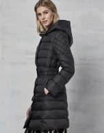 Long, black, hooded ski jacket