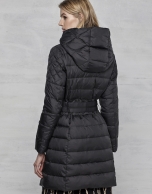 Long, black, hooded ski jacket