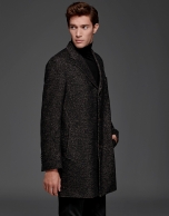 Black and tan wool coat with classic, straight cut