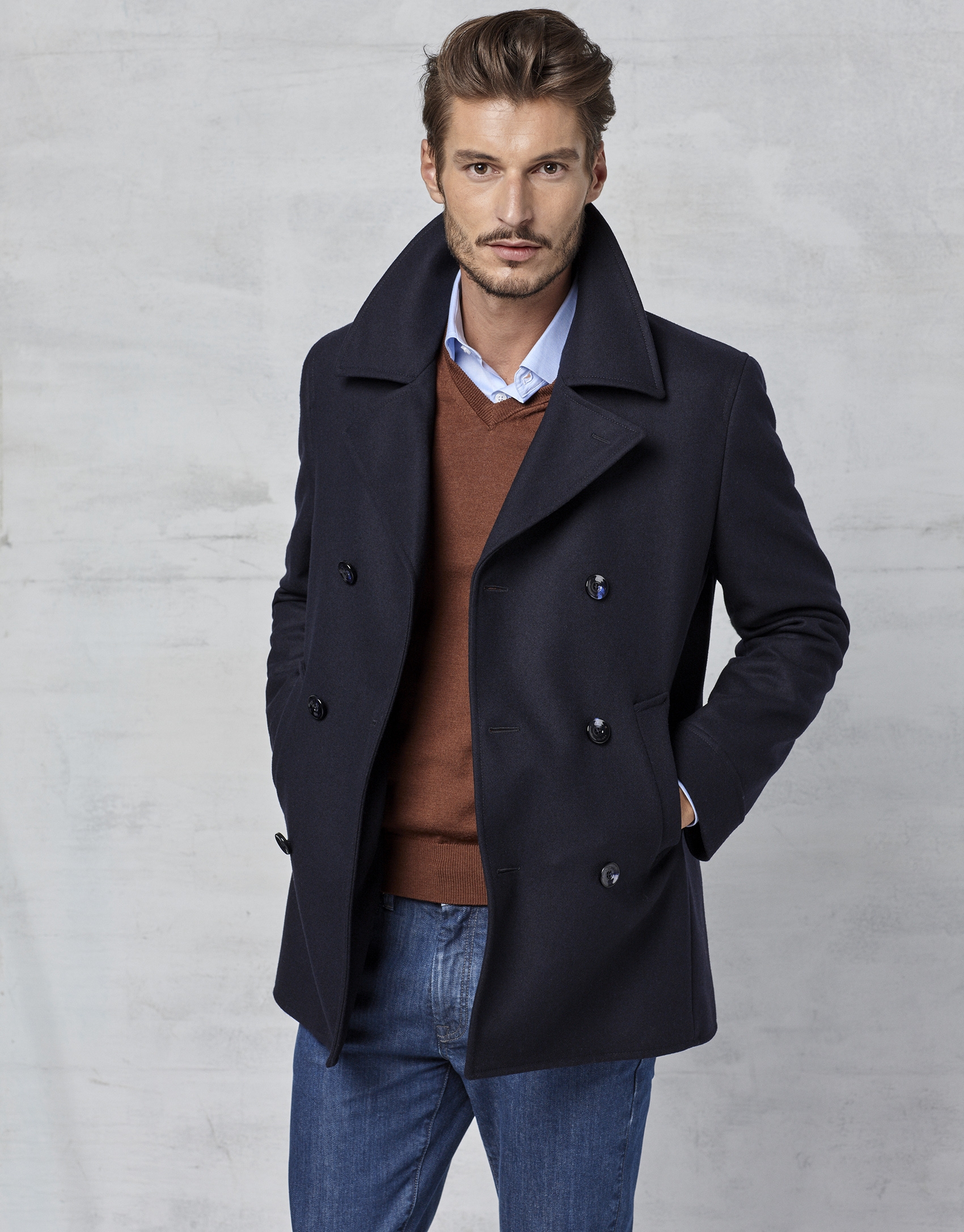 Navy blue wool three-quarter coat