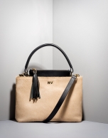 Beige and black Keops mini leather and fur tote bag