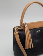 Bolso mini Tote piel y pelo negro/camel Keops