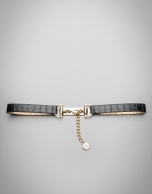 Black alligator leather belt with metallic closure