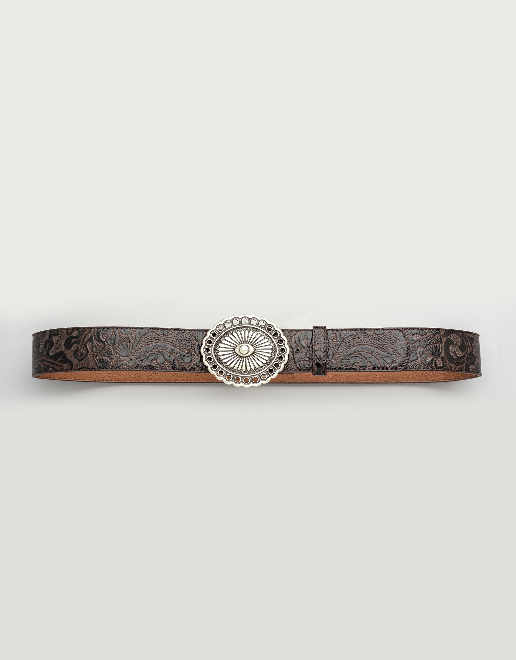 Brown leather belt with round buckle