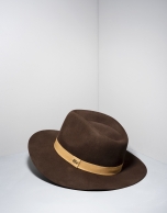 Brown wool fedora hat with beige ribbon