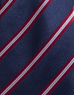 Navy blue silk tie with red/ivory stripes