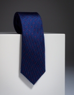 Navy blue silk tie with red dots and ivory microdots