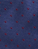 Navy blue silk tie with red dots and ivory microdots