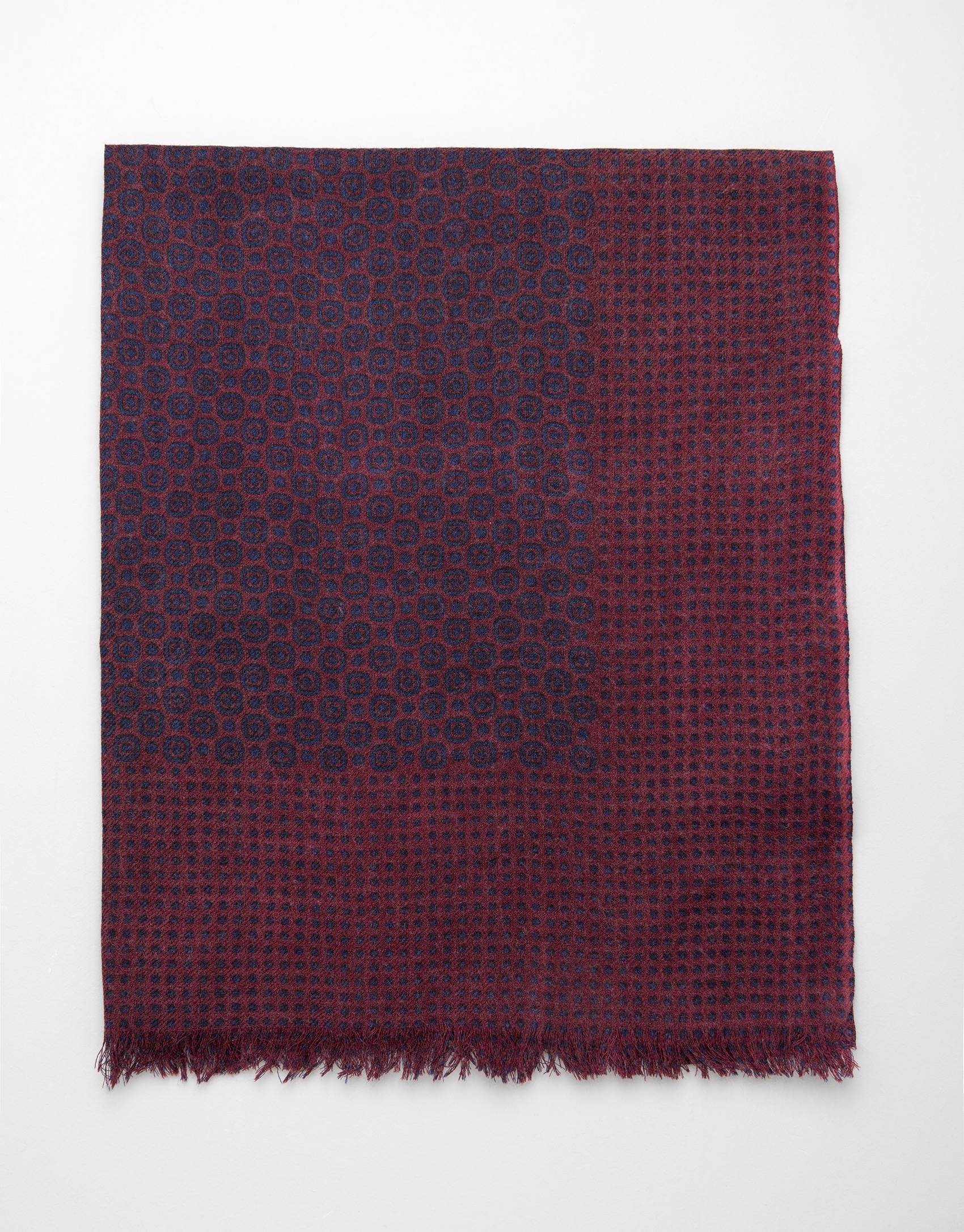 Maroon scarf with navy blue dot and circle design