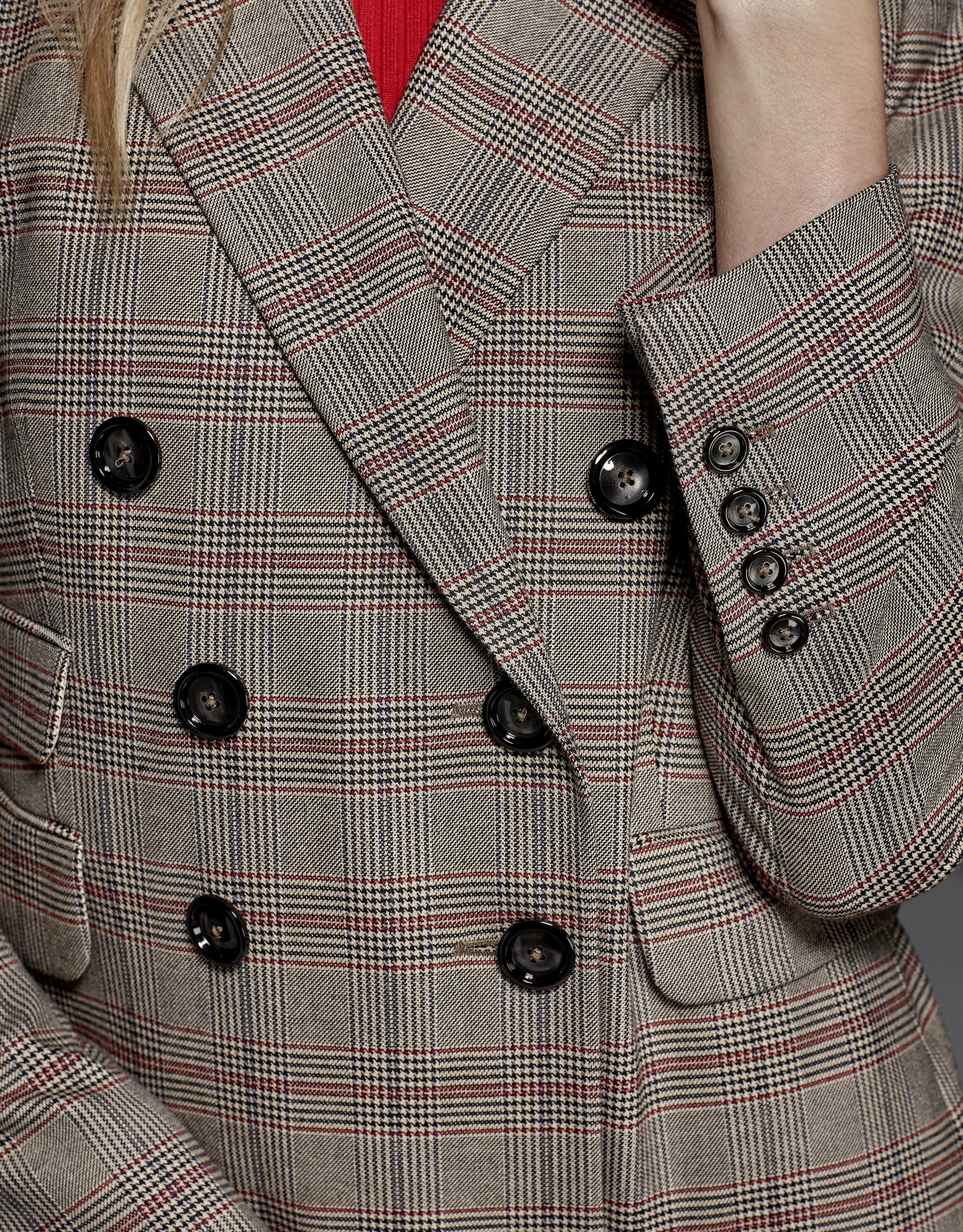 Red double-breasted glen plaid jacket