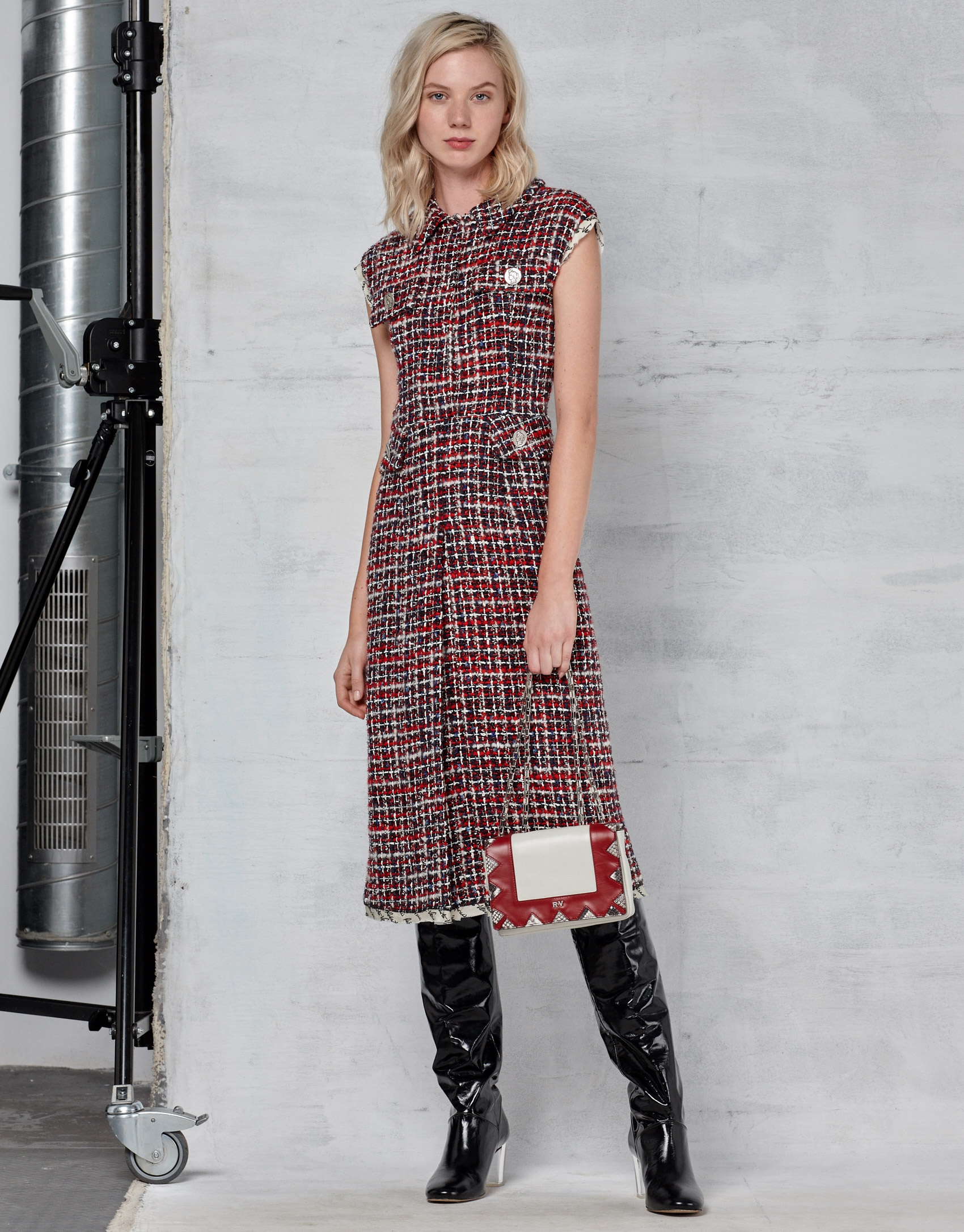 Red tweed shirtwaist dress