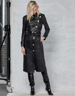 Black leather trench coat with buttons