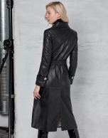 Black leather trench coat with buttons