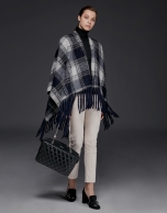 Blue checked print poncho with fringe