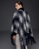 Blue checked print poncho with fringe