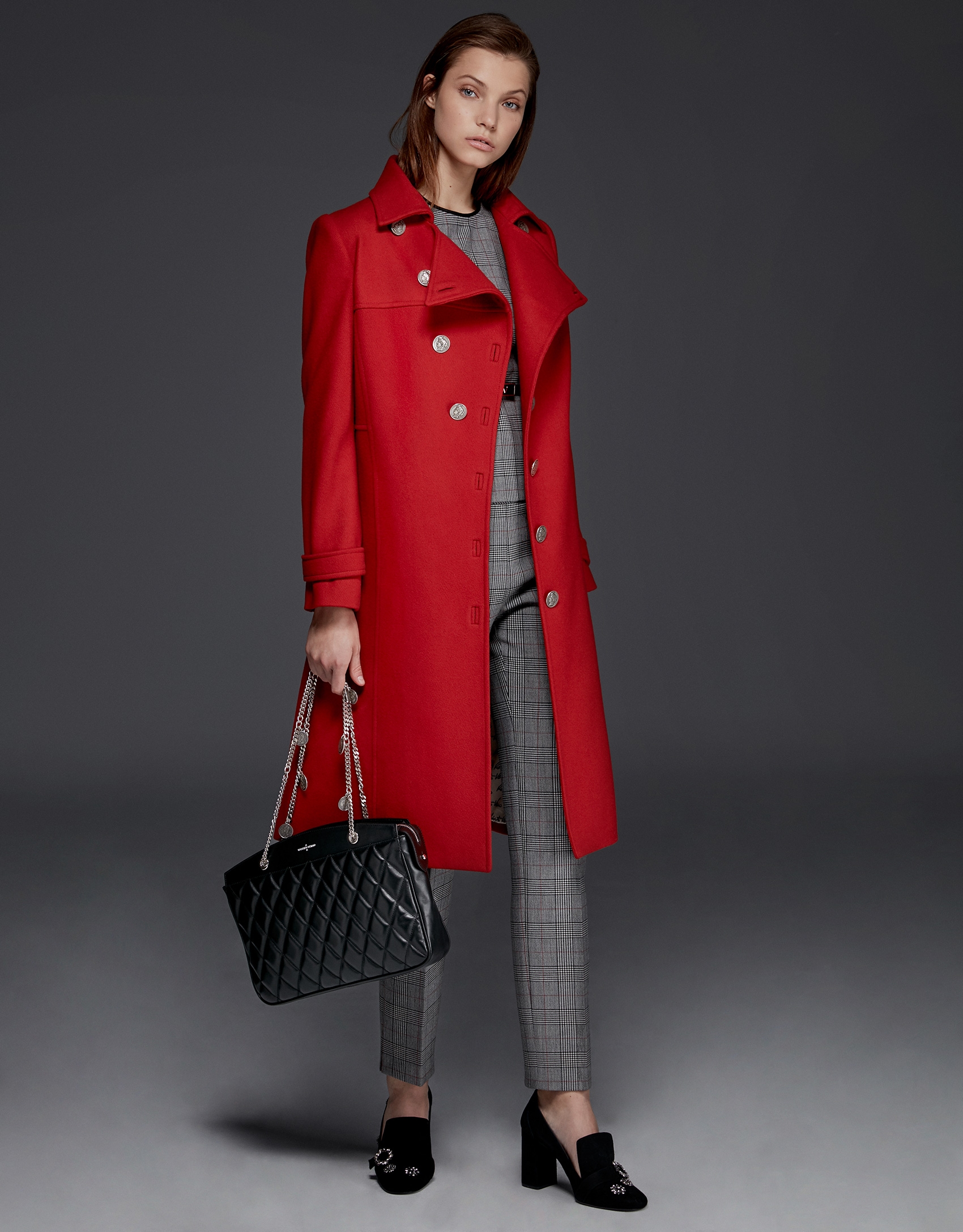 Long red wool coat with buttons