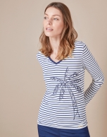 Blue striped top with palm tree