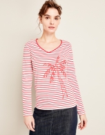 Red striped top with palm tree