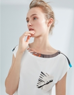 White, mixed fabric top, with palm leaf print