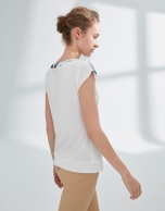 White, mixed fabric top, with palm leaf print