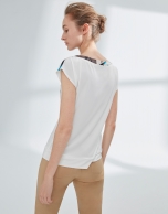 White, mixed fabric top, with palm leaf print