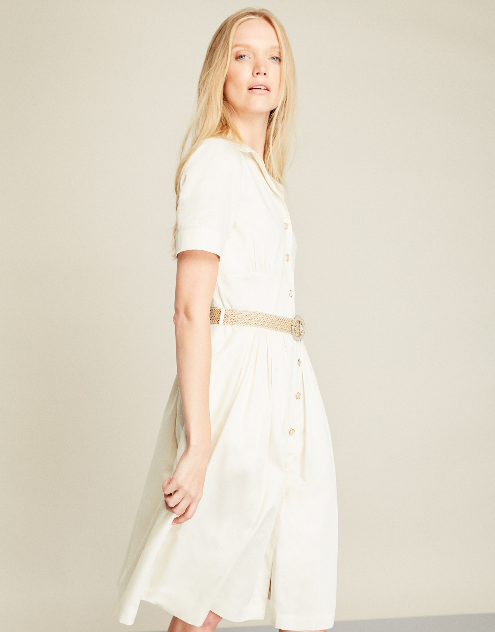 White gathered shirtwaist dress