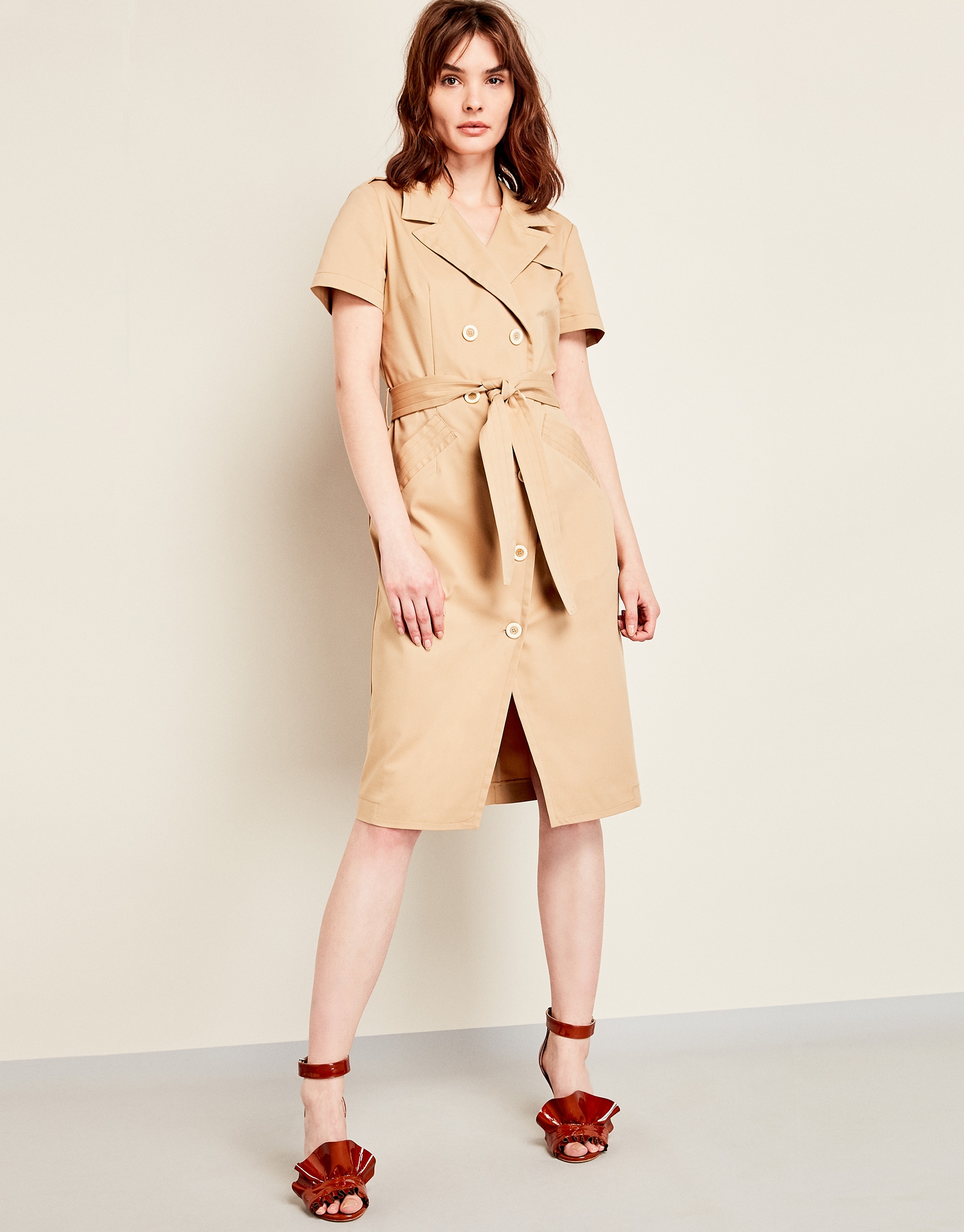 Mink-colored, elastic cotton, shirtwaist dress