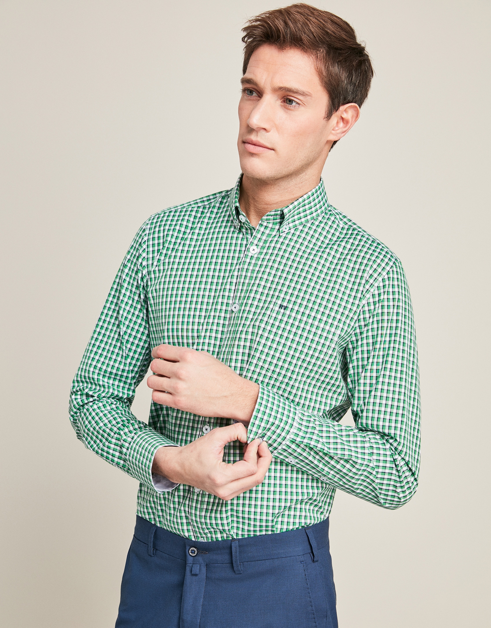 Green/navy blue checkered sport shirt