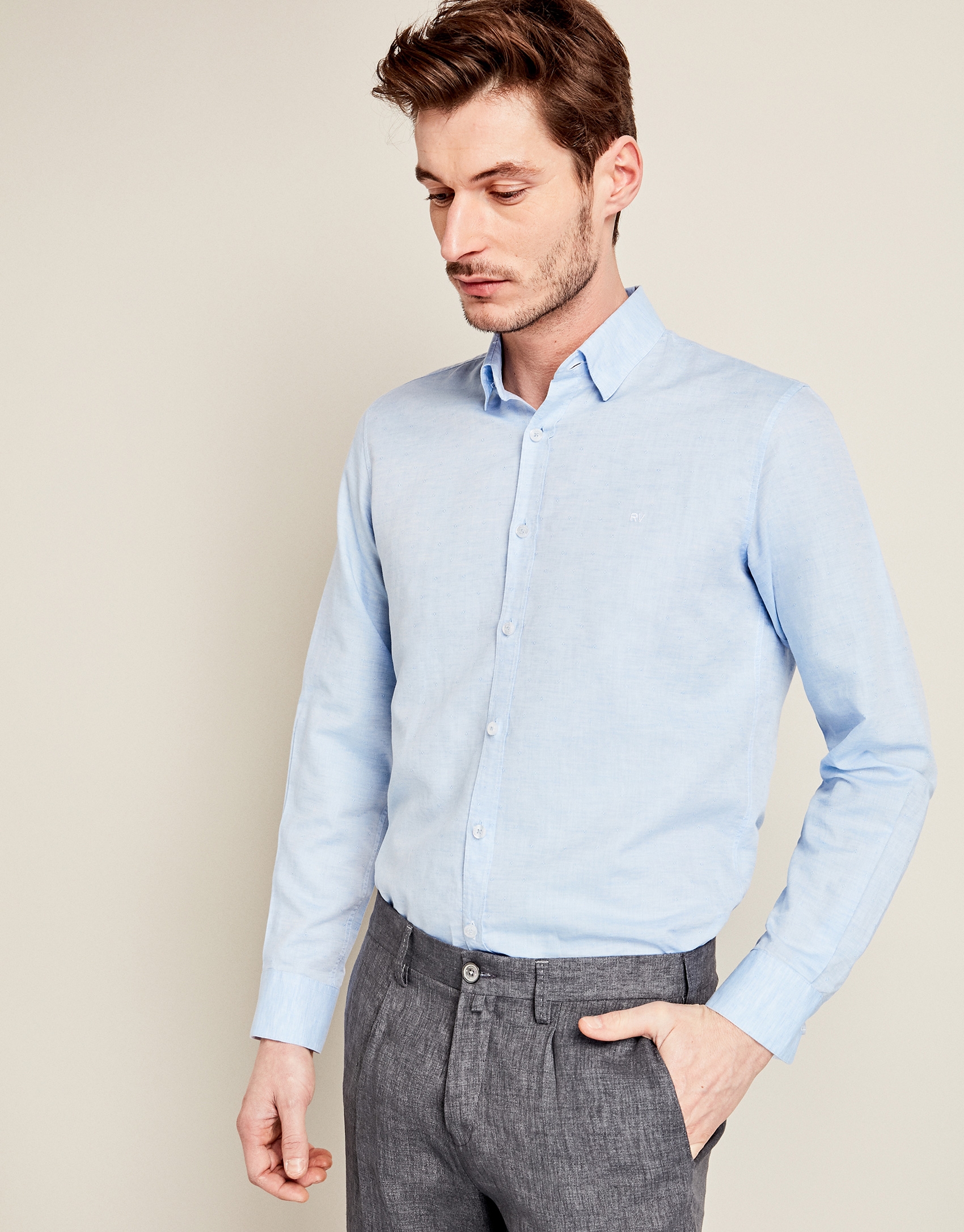 Light blue linen sport shirt with geometric design