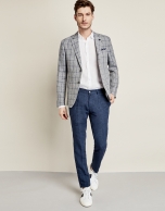 Navy blue and gray checkered linen suit jacket