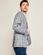 Navy blue and gray checkered linen suit jacket