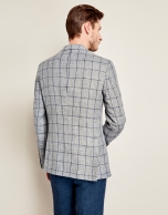 Navy blue and gray checkered linen suit jacket