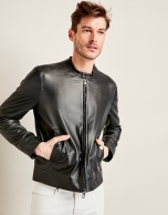 Black leather windbreaker with short collar