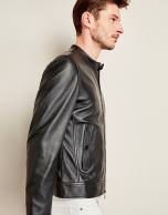 Black leather windbreaker with short collar