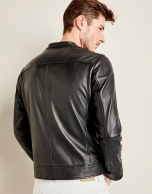 Black leather windbreaker with short collar